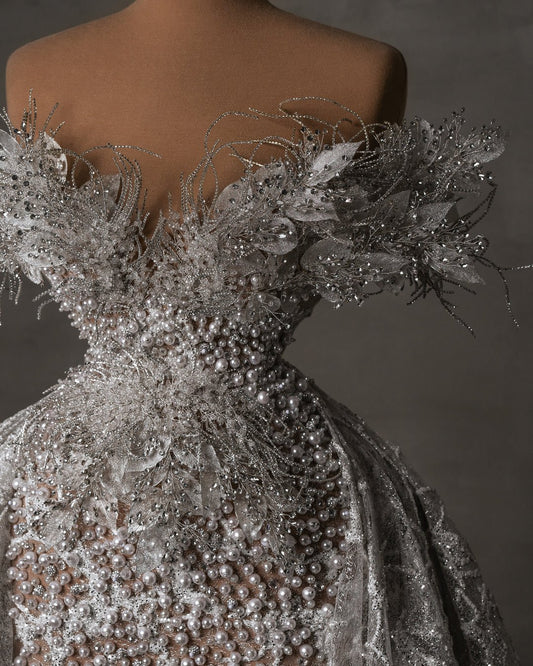 Detailed Close-Up: Pearls and Crystals on Off Shoulder Bridal Dress