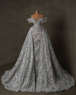 Luxurious Off Shoulder Wedding Dress: Embellished with Pearls and Crystals