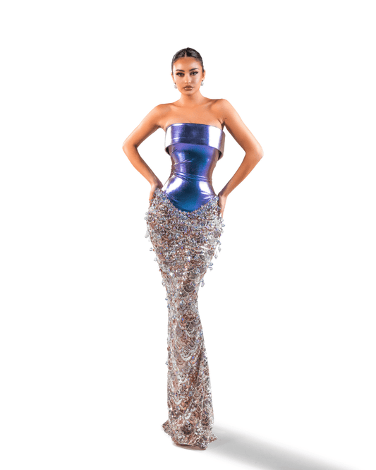 Polua Purple Long Sleeveless Dress with Crystals and Metallic Leather