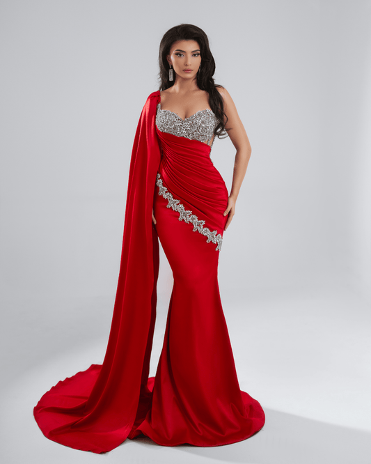 Ponea Red Long Dress, Side Cape and Crystals