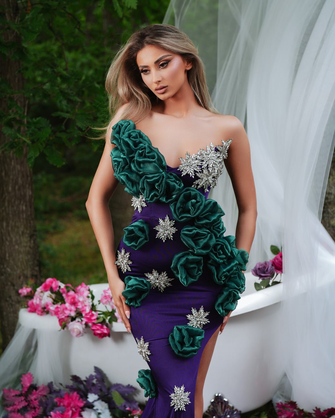 Poppy Purple Dress with Green Flowers Blini Fashion House Beads Crystals Flowers Blini Fashion House