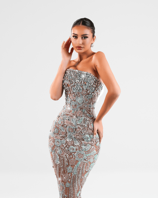 Quante Silver Long Sleeveless Dress with Crystals