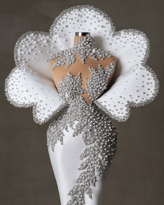 Luxury satin bridal dress in white with crystals and pearls