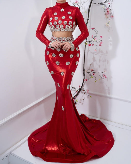 Raja red two-piece dress with crystal embellishments.