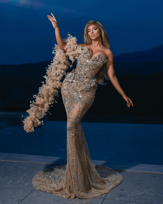 Rave Nude Dress with Cape and Flowers