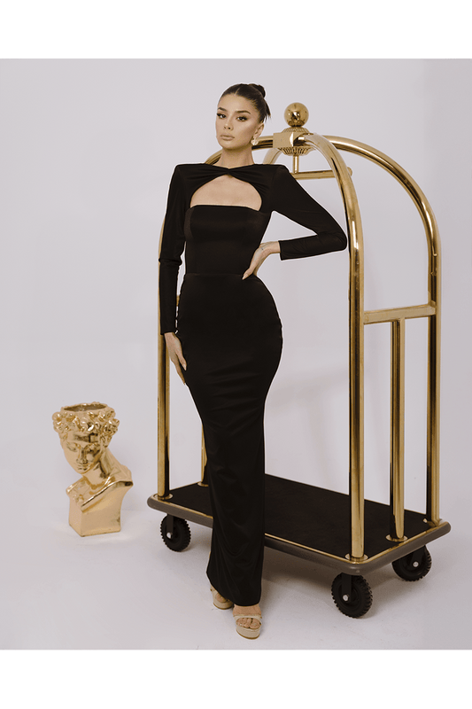 Raven Black Long Dress, Chest Cut Out With Scuba Crepe Fabric