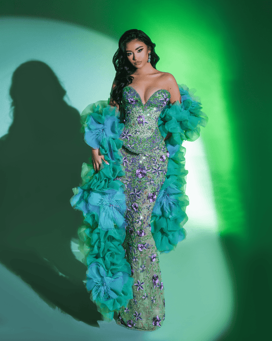 Rayal Green Long Sleeveless Dress with Crystals and Flowers