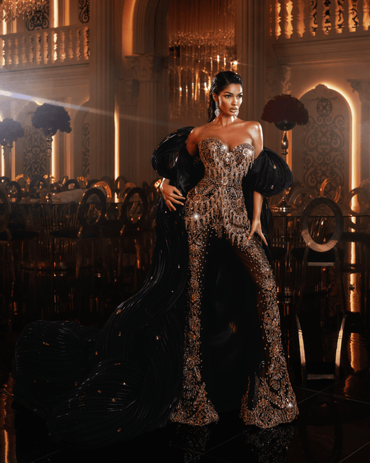 Redia Black Jumpsuits with Gold Crystals and Cape