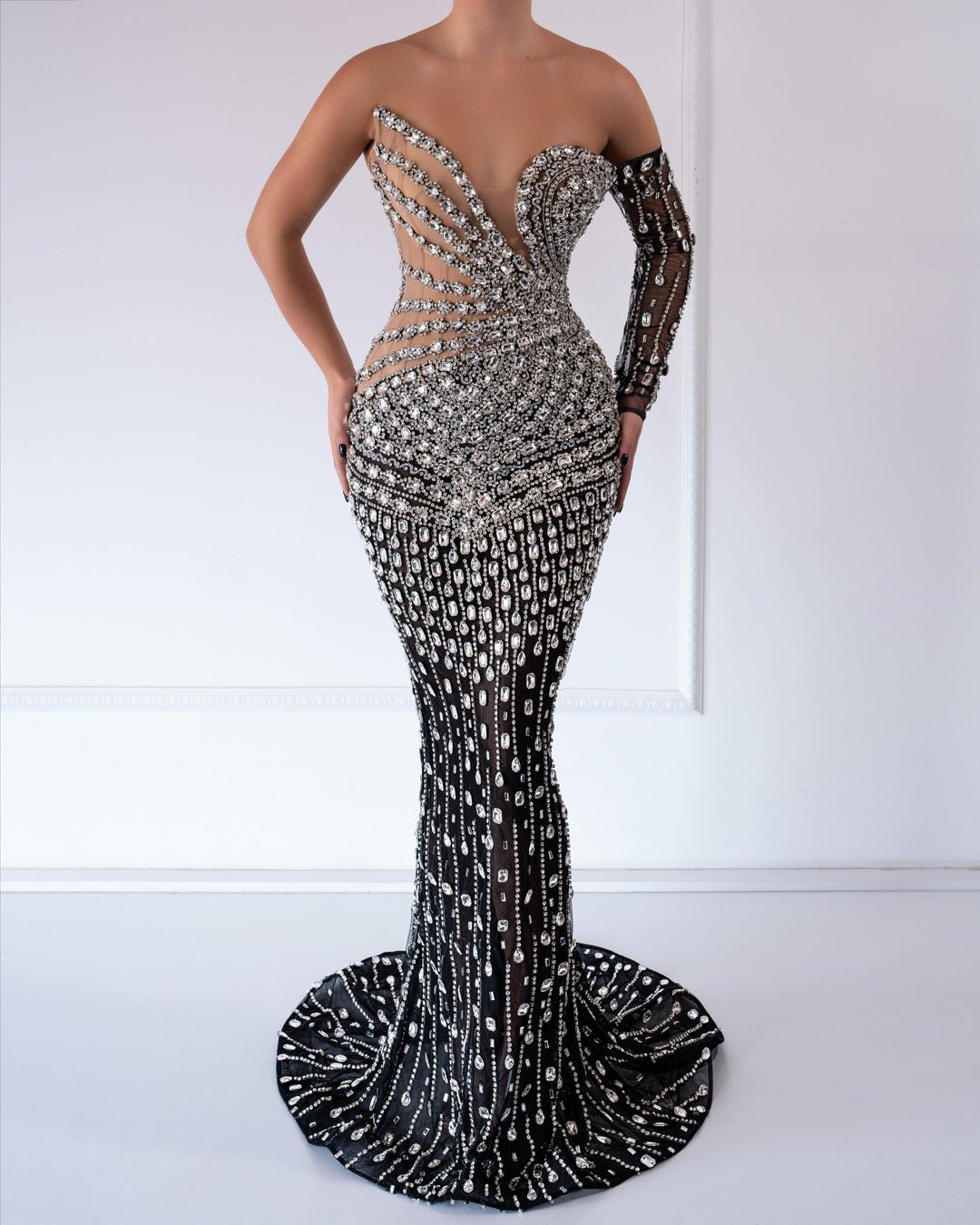 Black and nude gown with crystal embellishments.