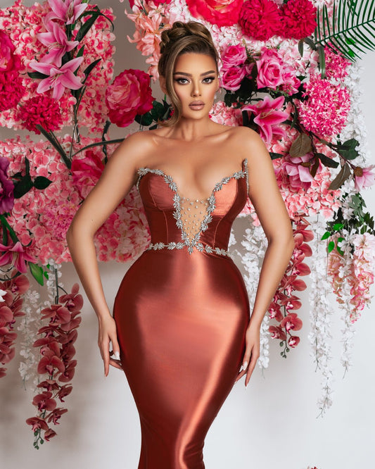 Elegant Strapless Satin Gown in Cinnamon Orange