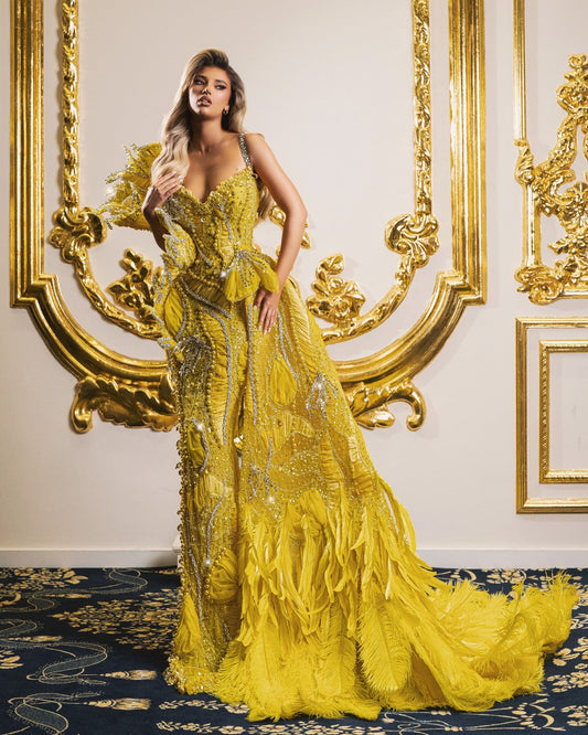 Chic Yellow Dress - Luxury Fabric, Sparkling Stones, and Feather Detailing