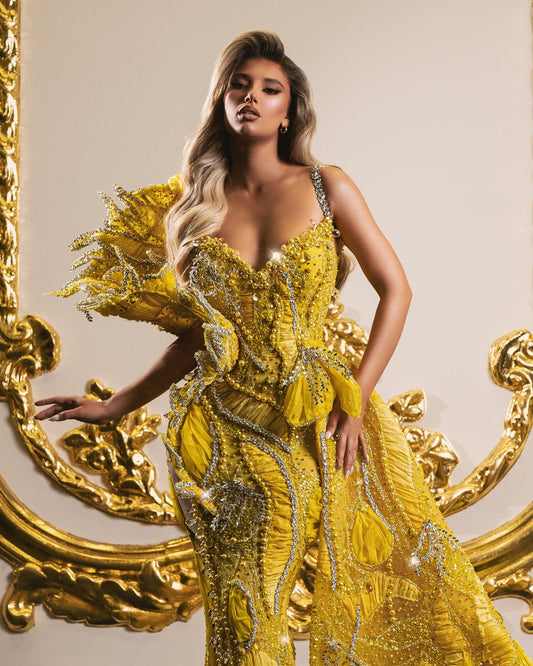 Yellow Dress - Elegant Sleeveless Gown with Beaded Embellishments