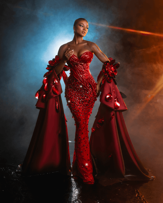 Roesa Long Dress with Metallic Leather and Flowers