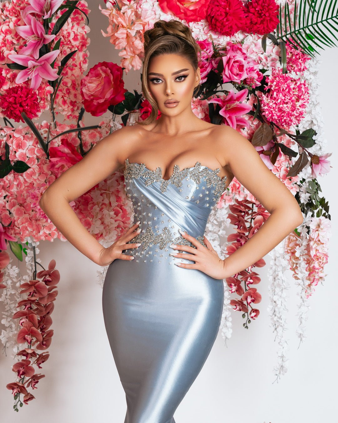 Elegant Light Blue Satin Dress - Embellished bodice with stones, perfect for formal occasions