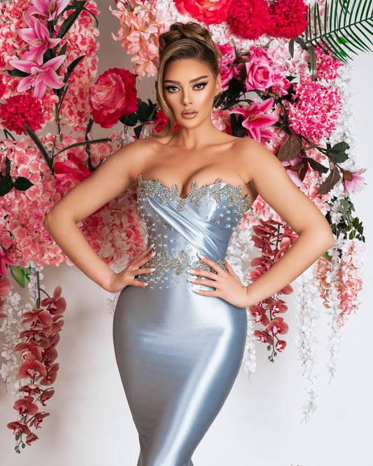 Elegant Light Blue Satin Dress - Embellished bodice with stones, perfect for formal occasions