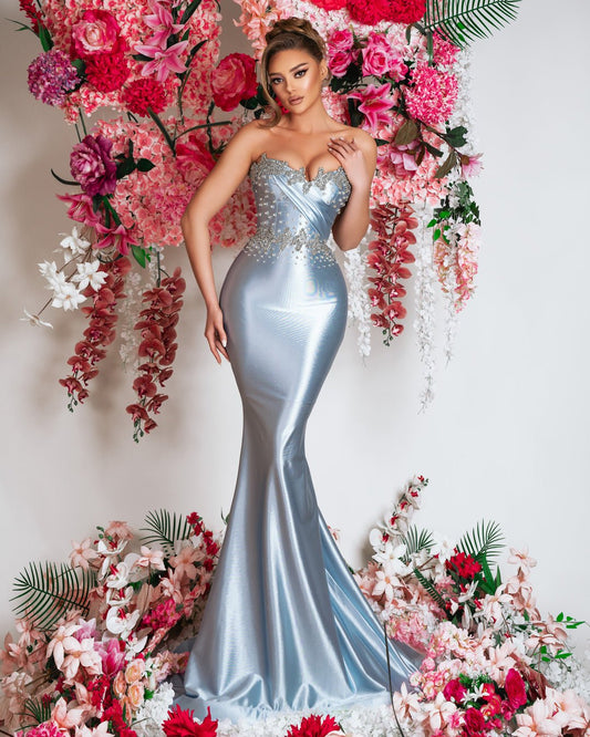 Light Blue Satin Dress - Sleeveless strapless gown in shimmering satin fabric