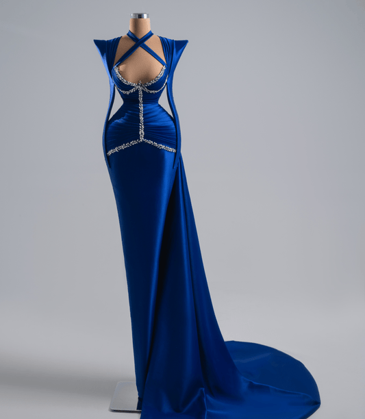 Saphir Royal Blue Long Dress With Crystals