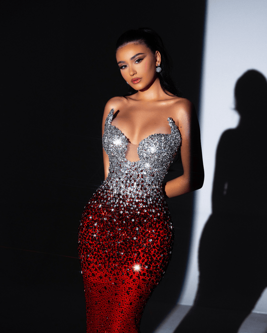 Scarlina Sleeveless Red and Silver Dress with Crystals