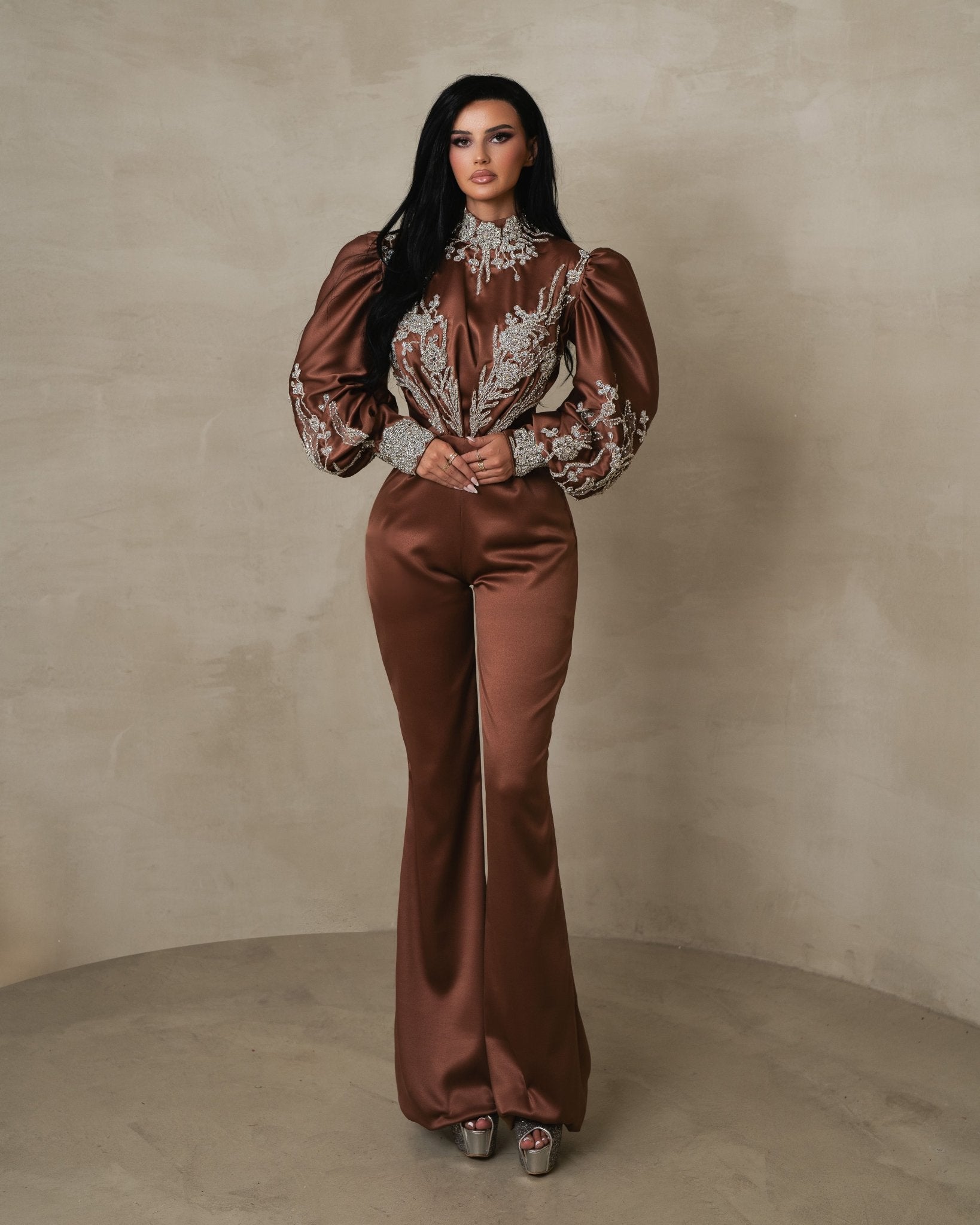 Long sleeve satin jumpsuit hotsell