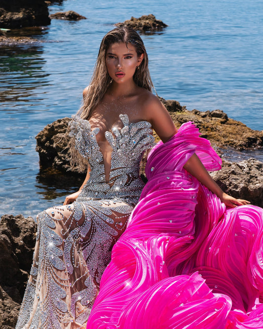 Seraphína Silver Dress with Pink Organdy Cape