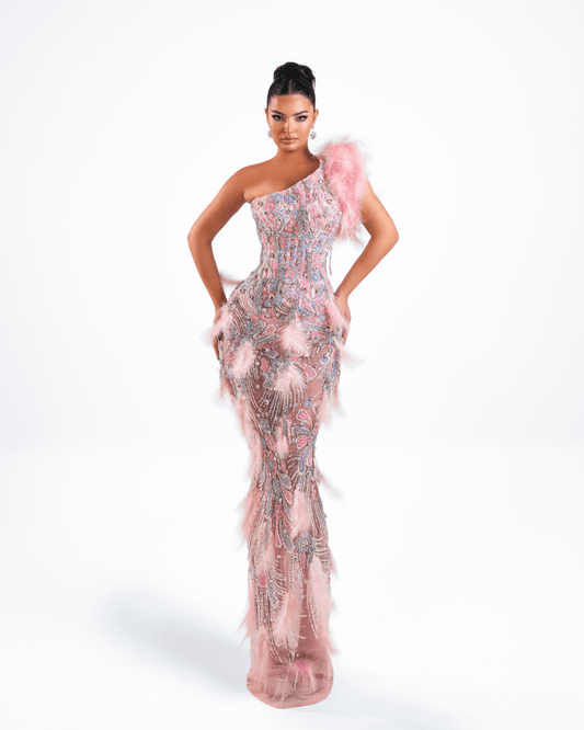 Siare Pink Long Sleeveless Dress with Crystals and Feathers