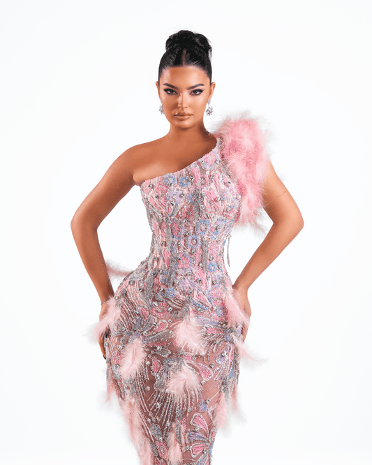 Siare Pink Long Sleeveless Dress with Crystals and Feathers
