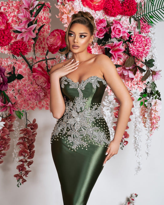 Strapless Satin Gown with Embellished Bodice - Formal Attire