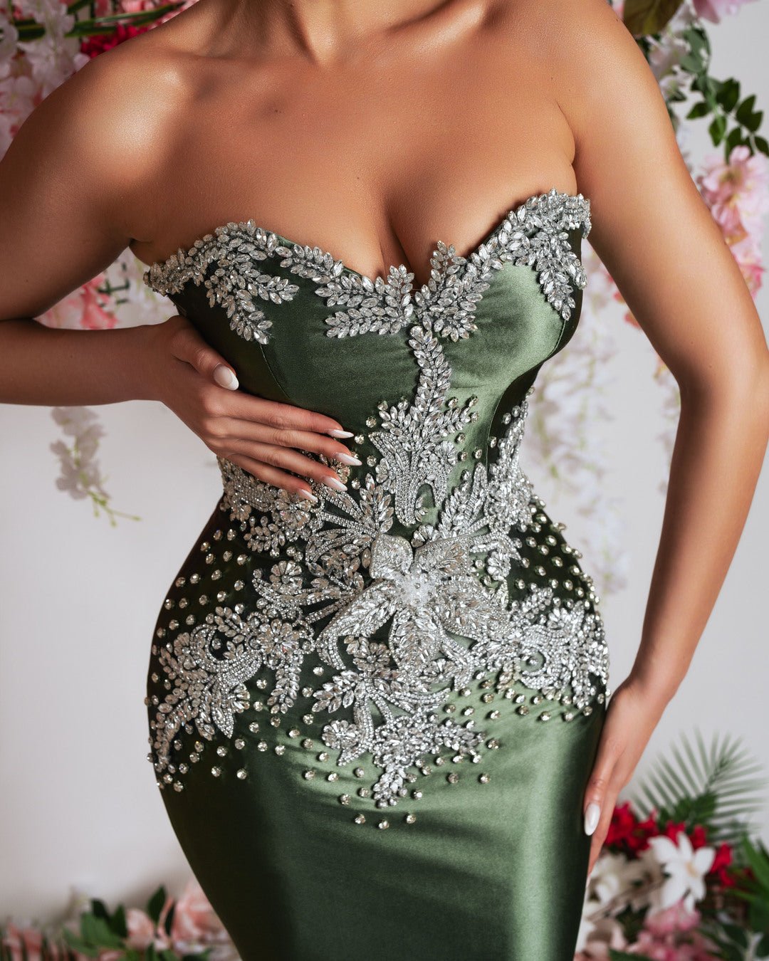 Close-Up Detail of Embellished Bodice on Sleeveless Satin Dress