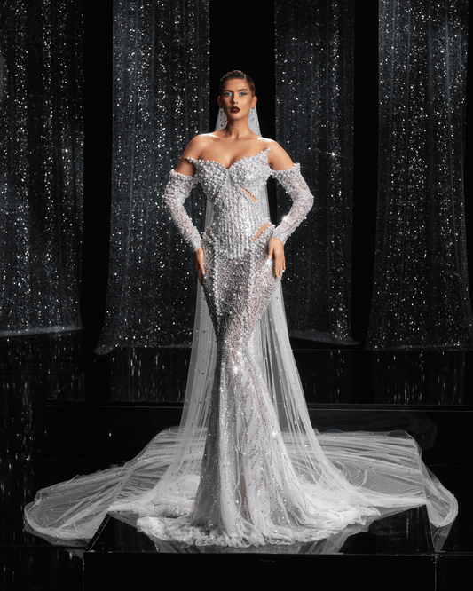 Silvia Bridal Dress with Pearls and Long Sleeves