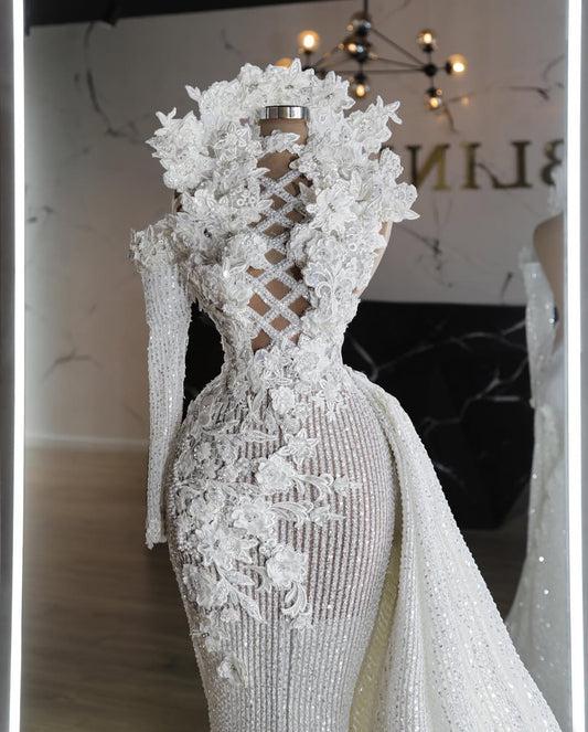 Solya Bridal Dress with Flowers and Side Cape