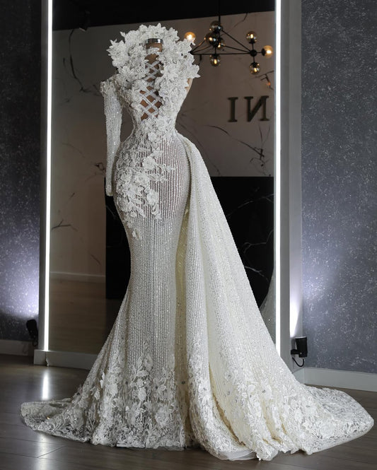 Solya Bridal Dress with Flowers and Side Cape
