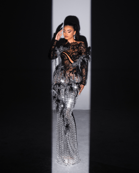 Sonya Black and Silver Long Dress with Crystals