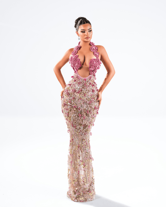 Suele Pink Long Sleeveless Dress with Crystals and Feathers