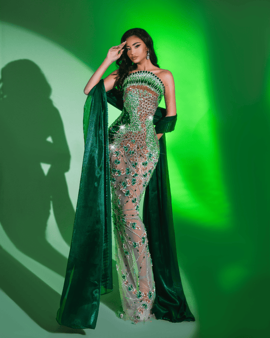 Sugesa Green Long Sleeveless Dress with Crystals and Cape