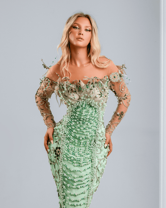 Talere Aqua Dress with Crystals and Pearls