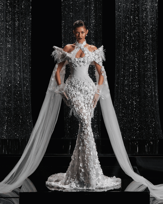 Talyane Bridal Dress with Side Capes and Flowers