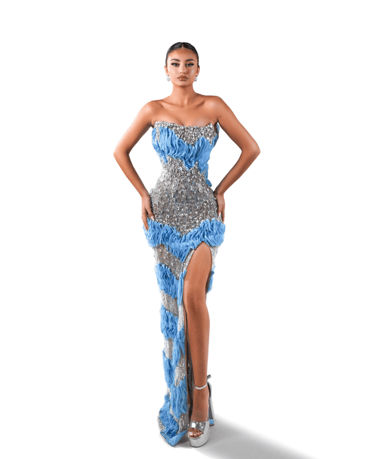 Tanay Blue Long Sleeveless Dress with Crystals