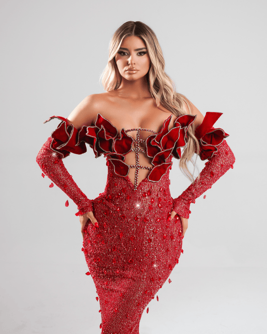 Tayres Red Dress with Crystals and Feathers
