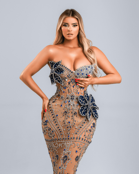 Tenese Nude Dress with Flowers and Crystals