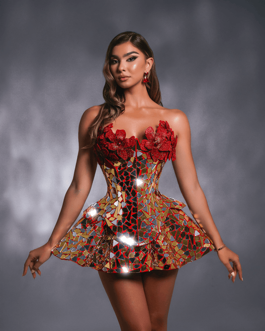 Terose Red Short Sleeveless Dress with Crystals and Flowers