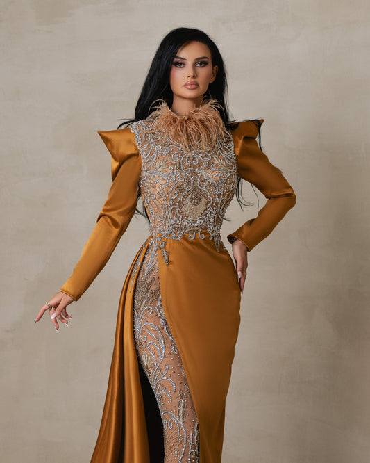 Tethyra Cinnamon Long Sleeve Dress with Neck Feathers