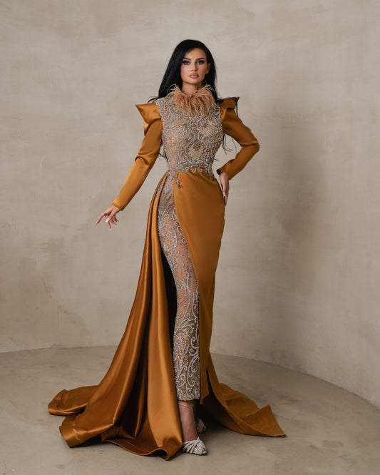 Tethyra Cinnamon Long Sleeve Dress with Neck Feathers