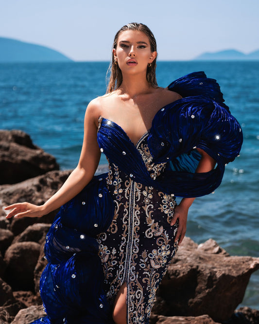 Thalássa Royal Blue Dress with Organdy Shoulder Details and Cape