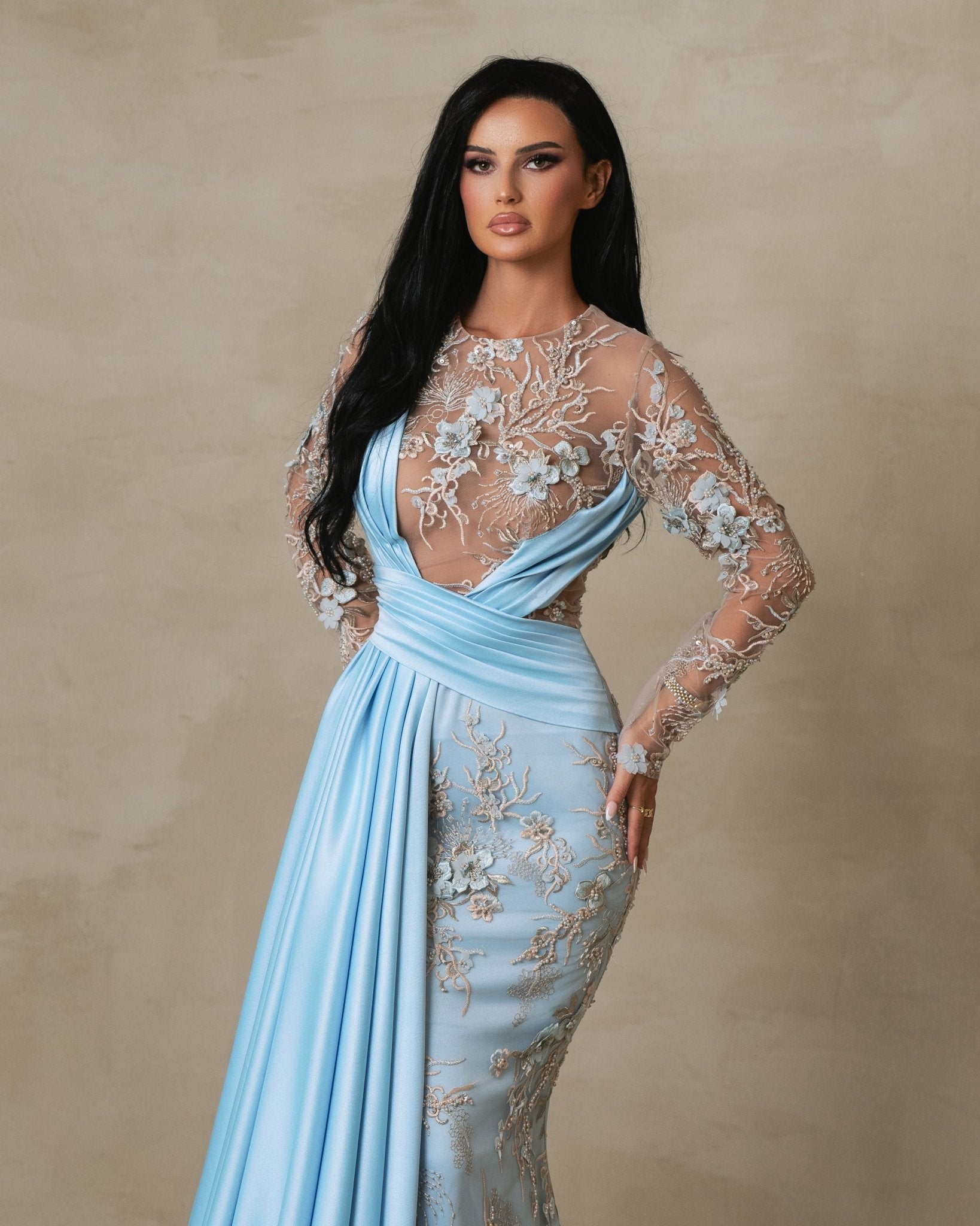 Thalea Light Blue Long Sleeve Dress with Side Cape Blini Fashion House Blue High Neck Light Blue Blini Fashion House