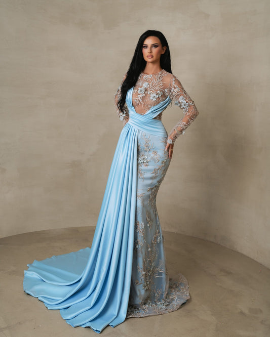 Thalea Light Blue Long Sleeve Dress with Side Cape