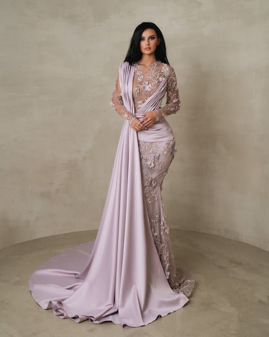 Thalindra Dusty Purple Long Sleeve Dress with Side Cape