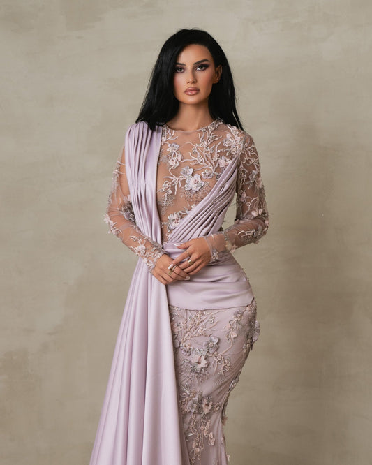 Thalindra Dusty Purple Long Sleeve Dress with Side Cape