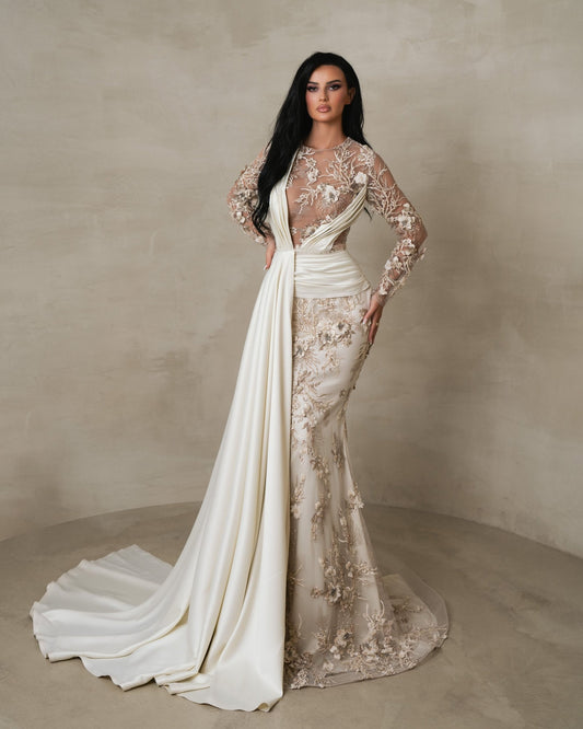 Thalissa Champagne Long Sleeve Dress with Side Cape