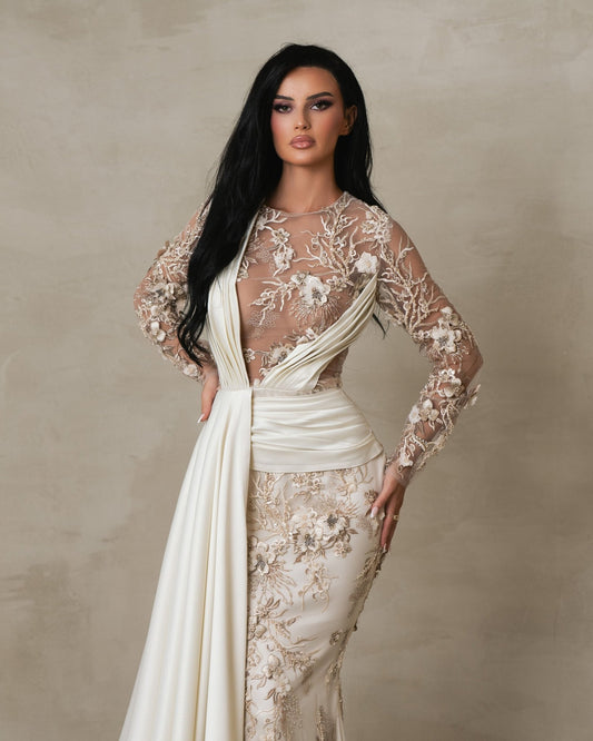 Thalissa Champagne Long Sleeve Dress with Side Cape