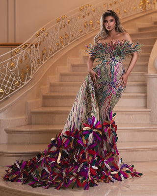Elegant Colorful Dress Embellished with Feathers and Gemstones